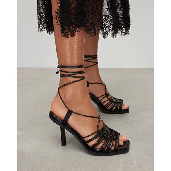 Allsaints Australia Womens Dina Leather Rope Strappy Heeled Sandals Black AU68-658